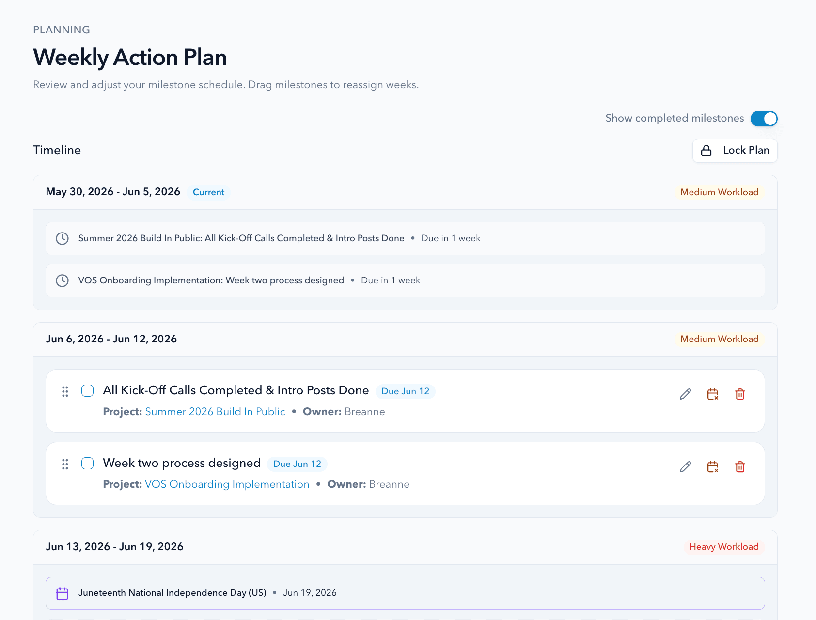 Weekly Action Plan timeline in VisionaryOS